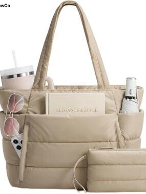 Puffer Tote Bag Large Quilted Shoulder Bag Cup Holder Laptop Compartment